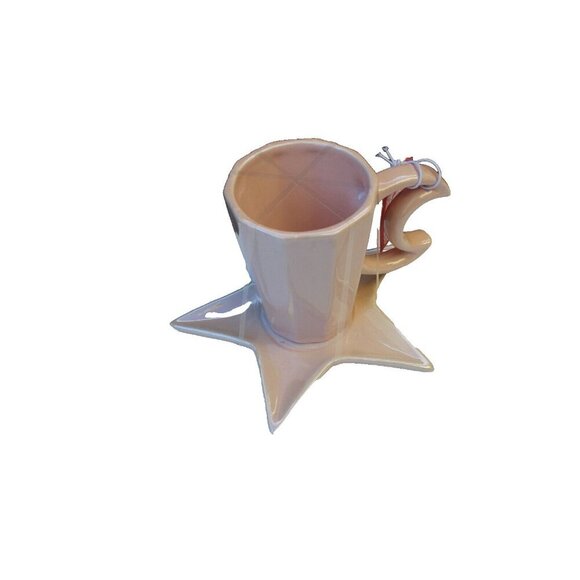 New Pink Ceramic Coffee Cup Mug Tea W/ Star & Moon Handle & Saucer Plate Set - Picture 2 of 3